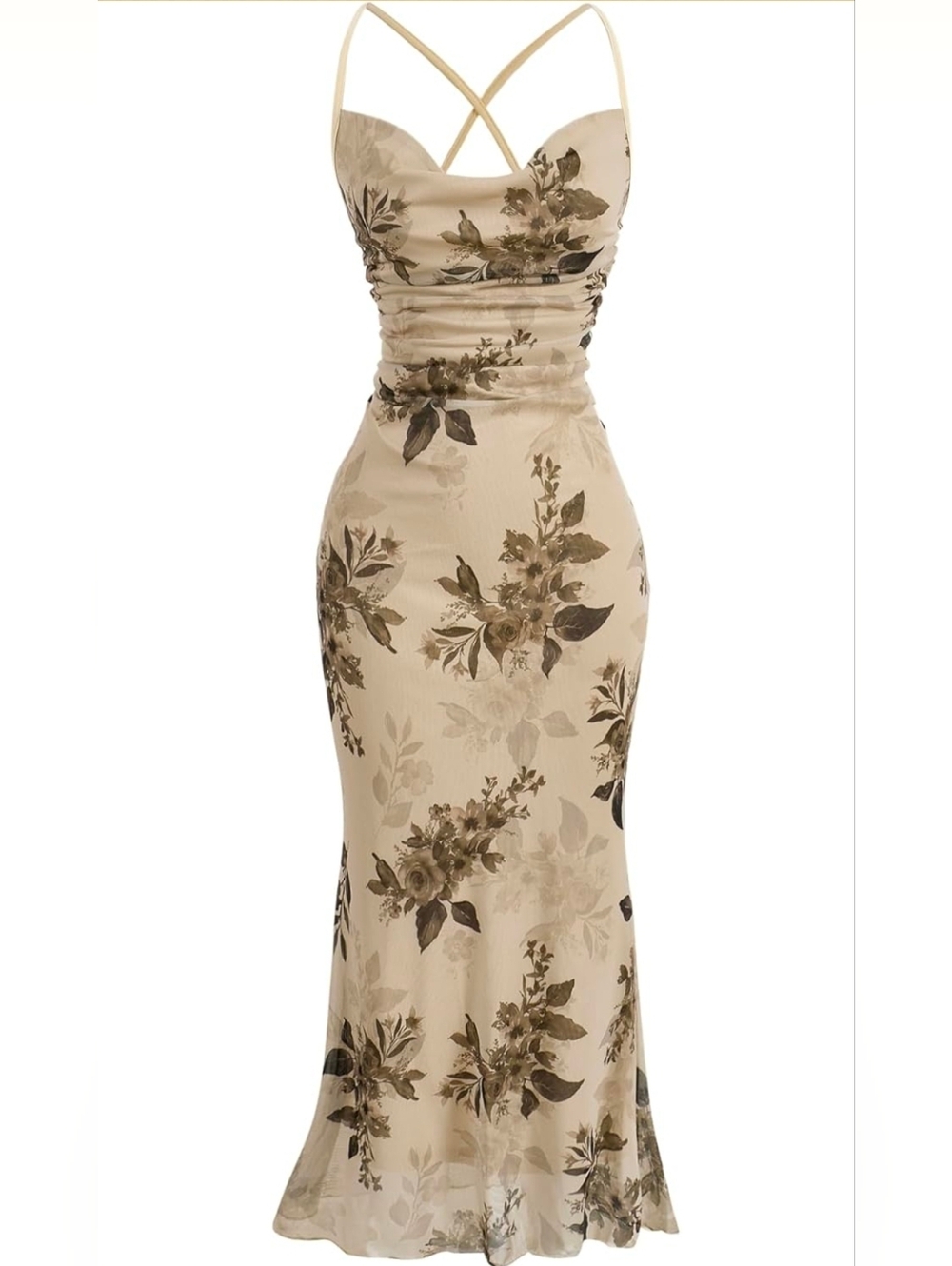 Beige Floral Ruched Midi Dress with Crossback Straps